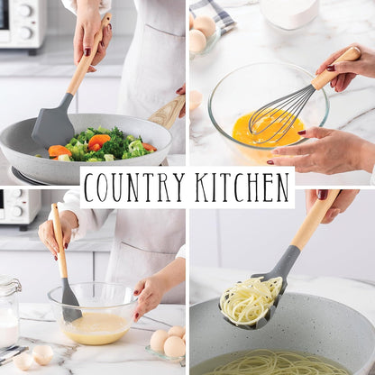 Country Kitchen Non Stick Silicone Utensil Set with Rounded Wood Handles for Cooking and Baking, 14 Piece Set, Gray