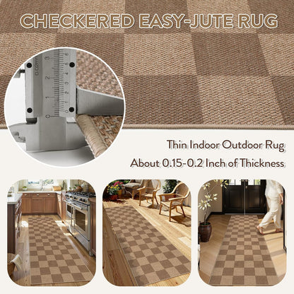 Lahome Checkered Easy Jute Kitchen Runner, 2x8 Washable Indoor Outdoor Runner Rug, Checkerboard Non Slip Non Shedding Neutral Carpet for Hallway Entryway Foyer