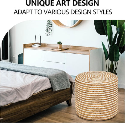 Wimarsbon 18'' Ottoman Pouf, Natural Braided Poof, Rustic Handweave Lounge Pouffe, Boho Footrest Stool for Bedroom, Accent Table or Seat for Living Room (Natural Water Hyacinth + White Cotton Rope)