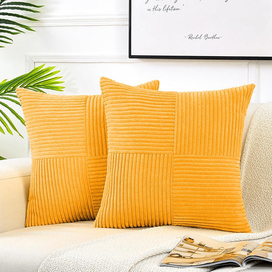 Fancy Homi 2 Packs Gold Yellow Decorative Throw Pillow Covers 22x22 Inch for Living Room Couch Bed Sofa, Farmhouse Boho Home Decor, Soft Corss Corduroy Patchwork Accent Square Cushion Case 55x55 cm