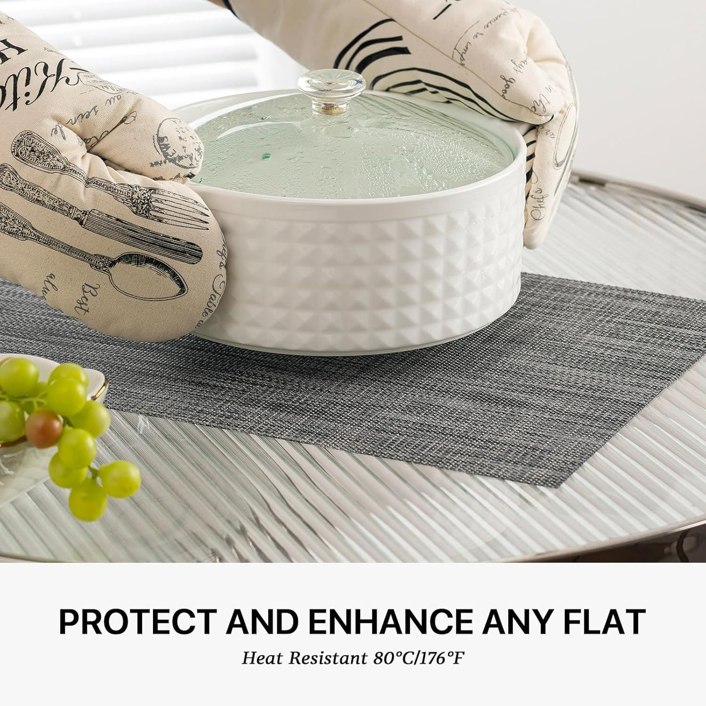 LEXMORE Placemats Set of 6 Vinyl/Plastic Woven Place Mats for Kitchen Table Indoor/Outdoor Washable Placemat Wipeable Dining Table Mats(A-Dark Gray)