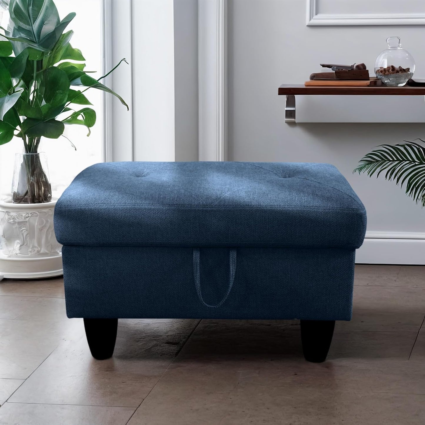 Ottoman Rectangular Storage Ottoman Bench, Flannel Footrest Stool Footstool with Lid for Living Room, Bedroom, Entryway, Blue, 28.5"x19"x17.5"