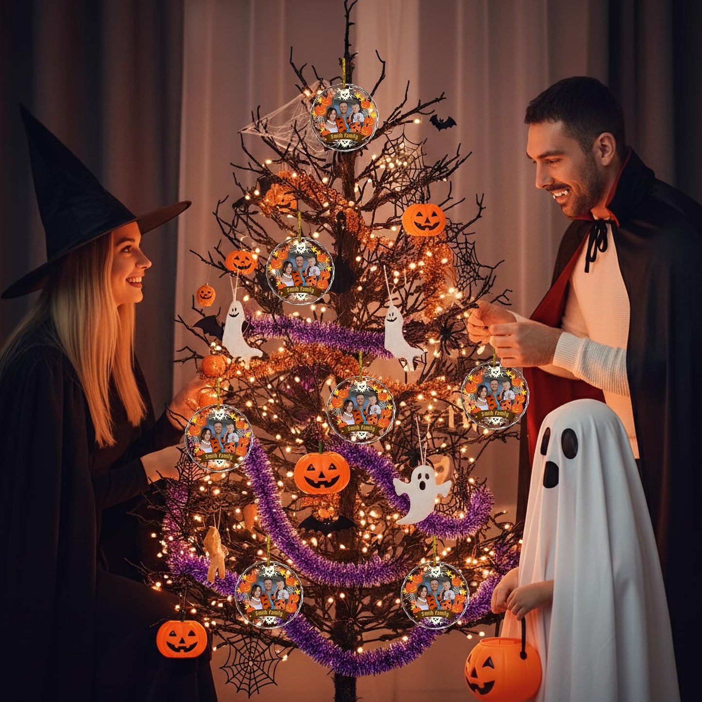 Custom Crystal Ornament, Personalized Halloween Family Hanging Ornament, Halloween Spooky Glass Hanging Decor, Spooky Pendent, Ghost and Pumpkin Hanging Gifts for Mom/Dad