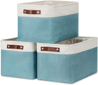 DULLEMELO Storage Baskets for Shelves, Fabric Collapsible Rectangular Storage Bins for Shelves, Closets, Nursery, Home, Empty Gift Baskets (3-Pack Medium-15 inch X 11 inch X 9.5 inch , White&Teal)