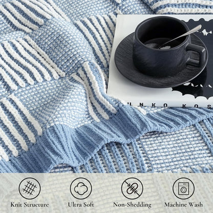 Amélie Home Chenille Knit Throw Blanket for Couch, Checkered Texture Decorative Soft Blanket for Sofa, Bed & Living Room, 50"x60", Blue & White