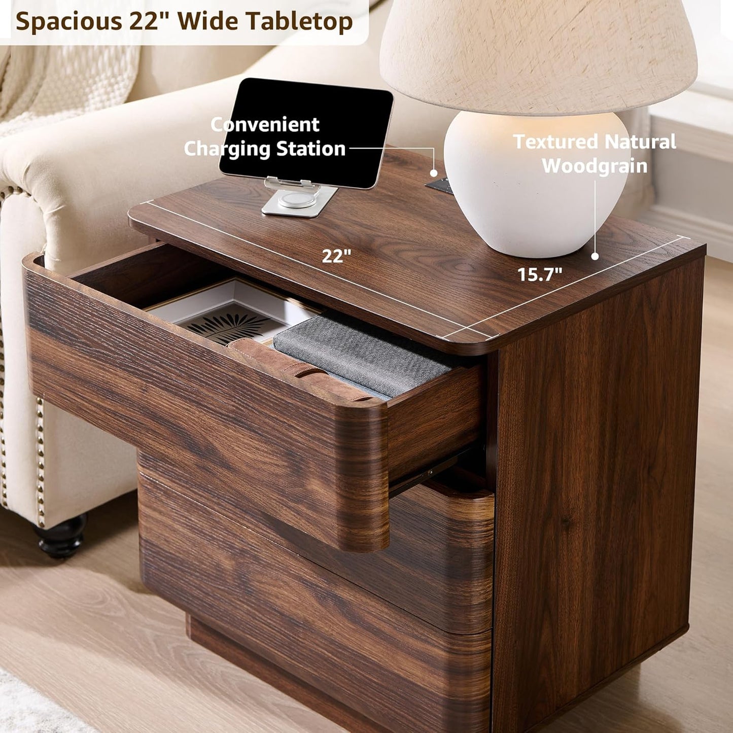 JXQTLINGMU 22" Modern Nightstand with Charging Station, Large Push-to-Open End Table, Wood Bedside Table w/Curved Profile Design, Handleless 3 Drawer Night Stand for Bedroom, Living Room, Brown
