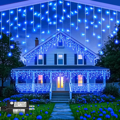 99ft Blue Christmas Lights Outdoor, 1216 LED Icicle Lights for Outside House with Clear Wire 8 Modes Timer, Plug in Waterproof for Home Holiday Eaves Yard Party Tree Room Wall Indoor Decoration
