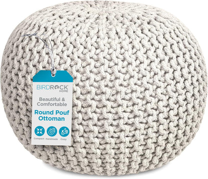 BIRDROCK HOME Round Pouf Ottoman | Cotton Braided Foot Stool with Bean Bag Filling | Boho Foot Rest for Living Room & Bedroom | Compact & Comfortable Seating, Lightweight & Soft | Natural