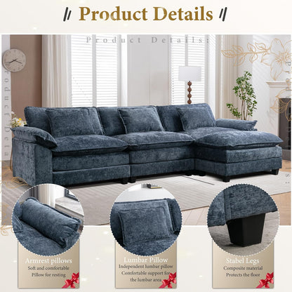 URRED Modular Sectional Sofa Comfy Cloud Couch, Modern Chenille Sofa Sleeper Deep Seat Couches with Ottoman/Pillows for Living Room (Blue, 117''- L Shape)