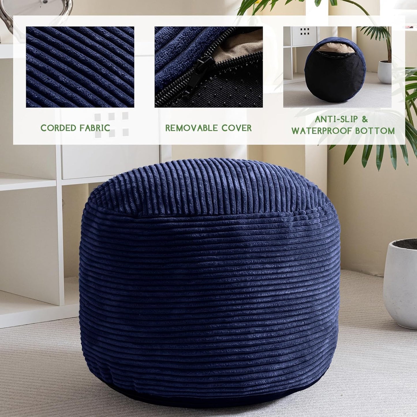 HIGOGOGO Round Stuffed Pouf Ottoman, Corduroy Poufs with Foam Chunk Filling, Furry and Fluffy Pouf Foot Stool Storage Ottoman, 26 X 18 Floor Poufs Foot Rest for Living Room, Navy