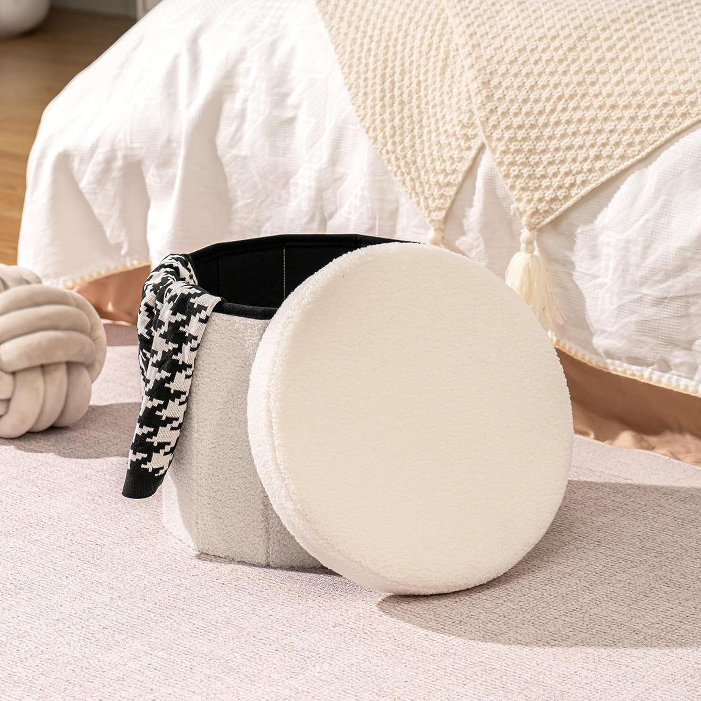 B FSOBEIIALEO Storage Ottoman Cube, Round Ottomans with Storage Foot Stool Footrest for Lving Room, Boucle Ottoman Seat for Dorm Room,Faux Teddy Fur, Cream White 15"x15"x15"