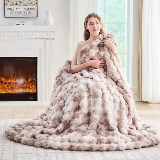 Lotus Karen Faux Fur Throw Blanket Tie-Dye Beige - Big Bubble Rabbit Fluff Blanket for Couch, Large Fluffy Fuzzy Cozy Blankets,Thick Furry Plush Shaggy Blankets,108x90 Inches