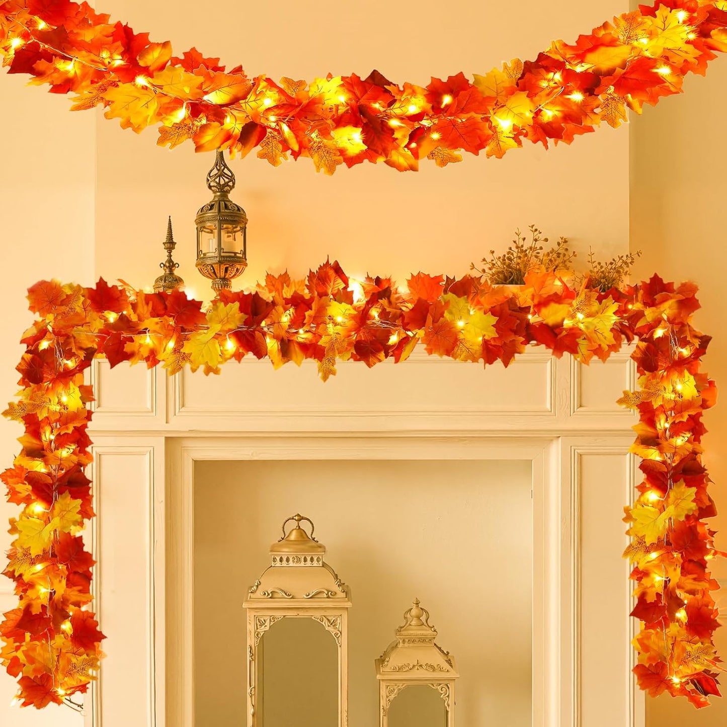 Joyhalo 2 Pack Fall Garland with Lights, Fall Leaves for Mantle, Outdoor Lighted Up Leaf Garland Autumn Decor with 6.5FT LED String Lights, Hanging Maple Leaves for Door, Thanksgiving Decor