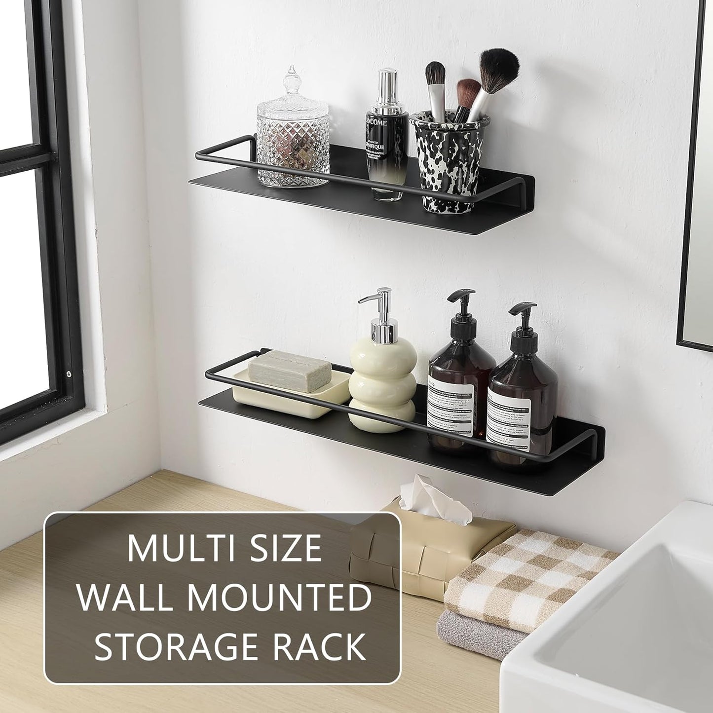 JOOM Metal Wall Floating Shelf - Metal Wall Shelf, Black Floating Shelf, Small Bathroom Shelf, (Black, 16Inch)