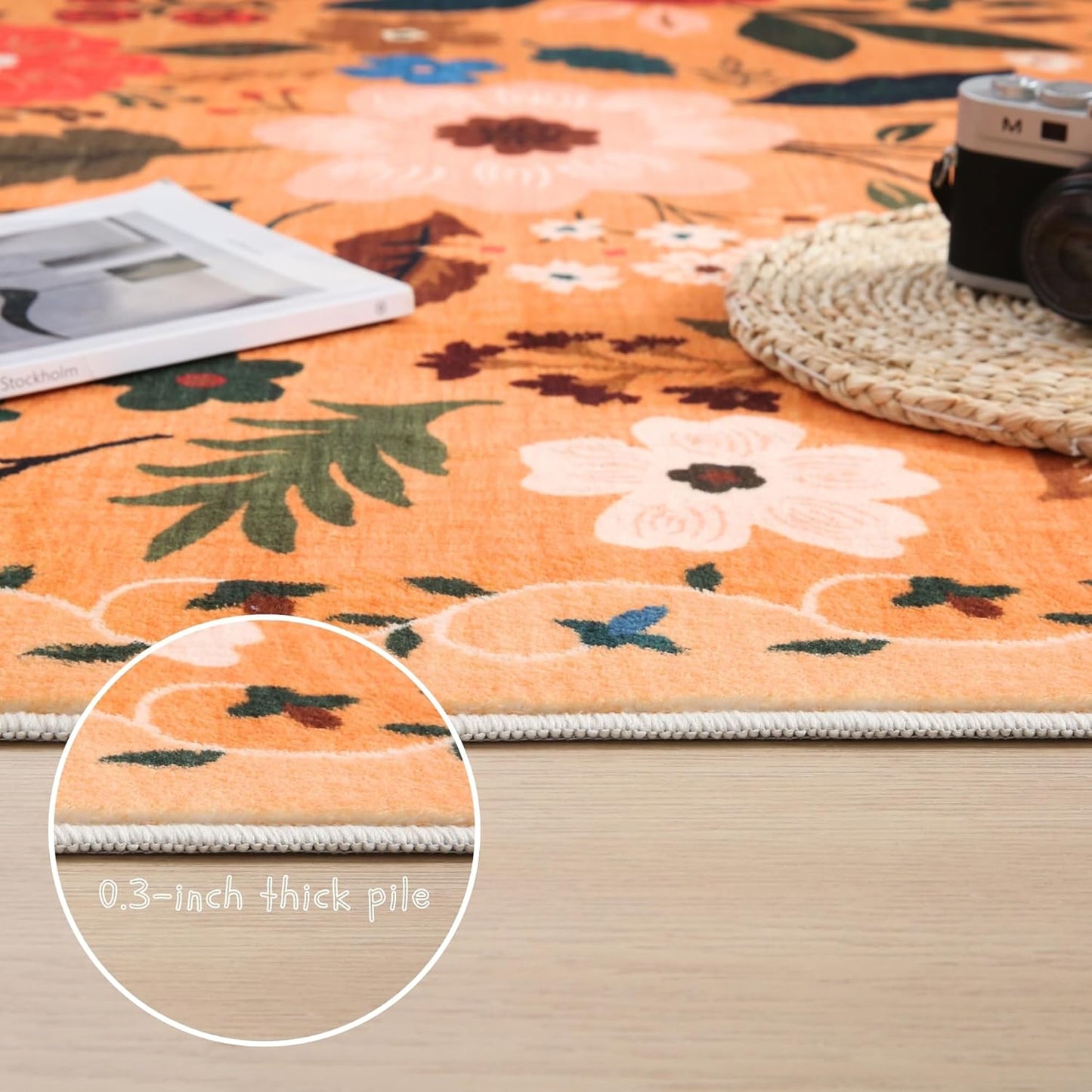 Bedroom Rug 3x5 Rug Washable Area Rug Non Slip Low Pile Boho Floral Small Carpet for Bedroom, Bedside, Kitchen, Entryway, Kids Room, Office, College Dorm Essentials for Girls(Yellow)