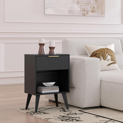 Fluted Night Stand with Opening Storage,Mid Century Bedside Table with Drawer,Modern Nightstand with Solid Wood Legs,End Table Side Table for Living Room,Bedroom,Black CTG56BK