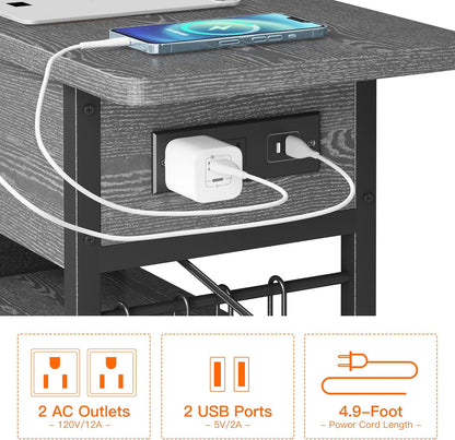 End Table with Charging Station, Flip Top Nightstand with USB Ports and Outlets,Couch Side Table with Fabric Bag and Hooks, Bedside Table for Space Saving, Living Room, Bedroom (Grey)