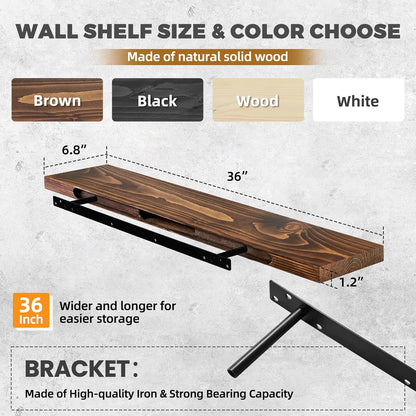 36"x6.8"x1.2" Solid Wood Floating Shelves 2-Pack - Rustic Brown Finish with Hidden Brackets, Perfect for Storage and Décor in Living Room, Kitchen, Bedroom