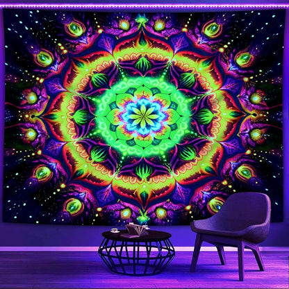 Blacklight Mandala Tapestry for Bedroom, Psychedelic Flower Black Light Posters for Adults and Teens, UV Reactive Aesthetic Bohemian Art Wall Hanging Decor Golden and Green (90 x 70 Inches)