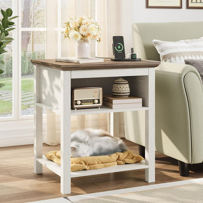 Rresyet Sliding Side Table with Charging Station & 2-Tier Storage,Farmhouse End Table, Wooden Nightstand for Bedroom & Living Room,White