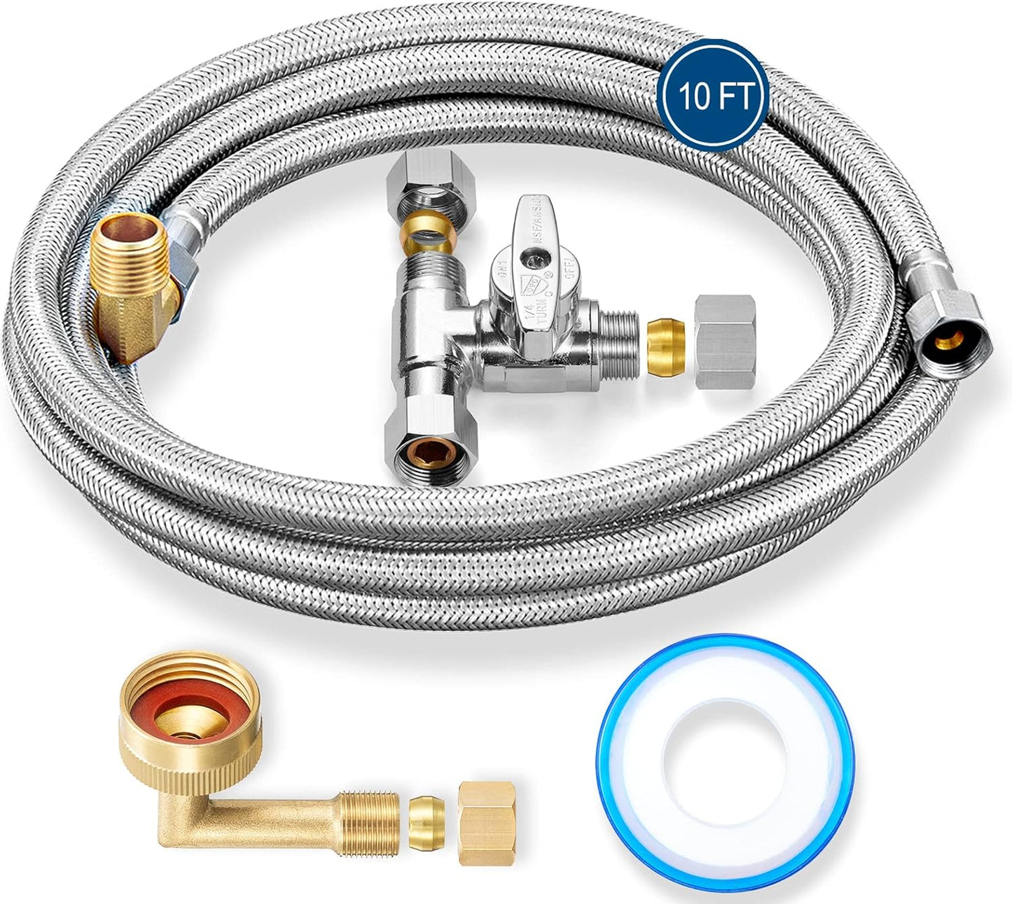 Dishwasher Installation Kit - 10 FT Stainless Steel Braided Dishwasher Hose kit,Food Grade PEX Inner Tube Water Line with 3/8"x 3/8"x 3/8" Tee Stop Valve,3/8"x 3/8"MIP Elbow,3/8"x 3/4"FHT Elbow