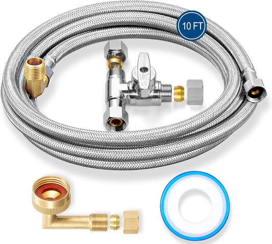 Dishwasher Installation Kit - 10 FT Stainless Steel Braided Dishwasher Hose kit,Food Grade PEX Inner Tube Water Line with 3/8"x 3/8"x 3/8" Tee Stop Valve,3/8"x 3/8"MIP Elbow,3/8"x 3/4"FHT Elbow