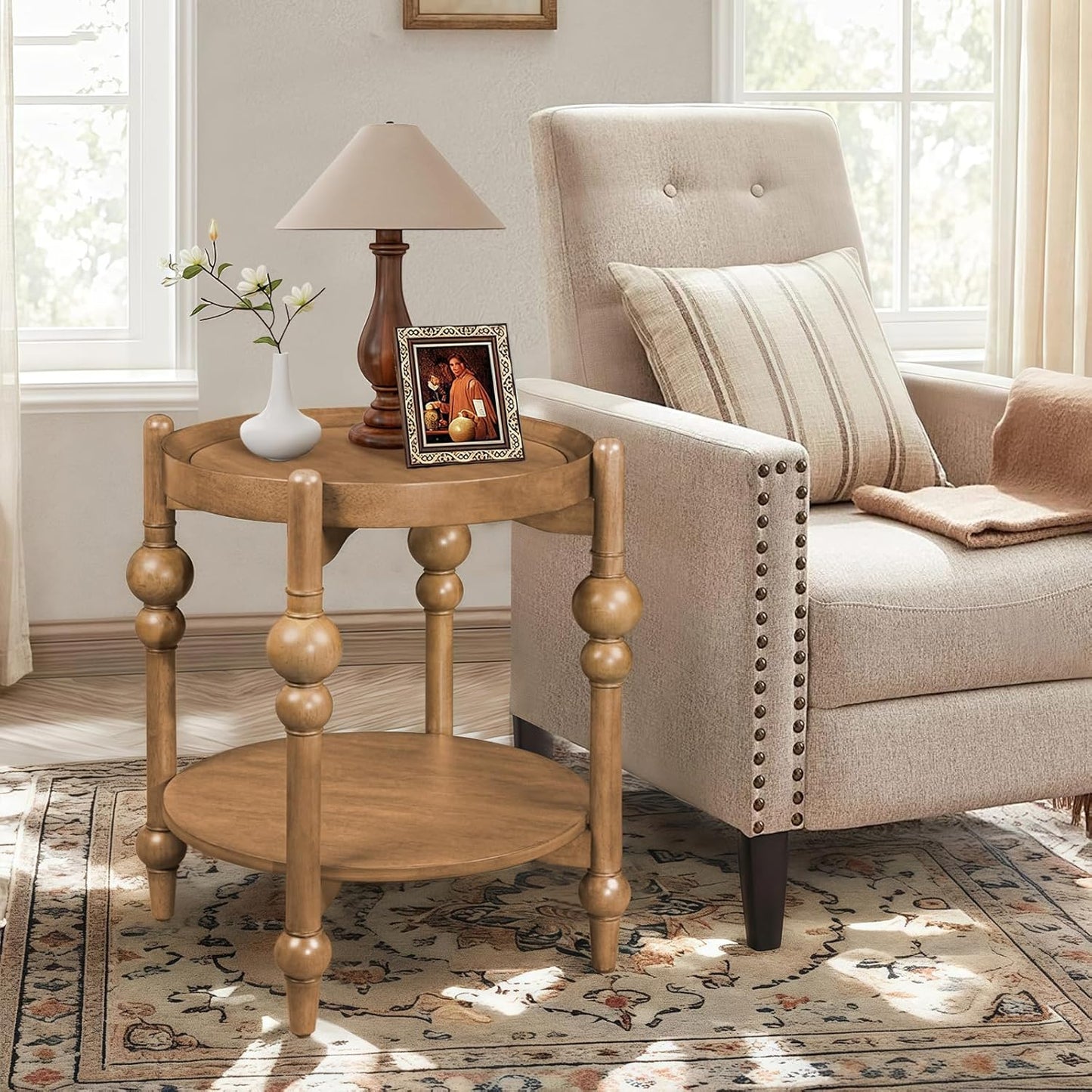 23" Round End Table, Mid Century Modern Side Table with Solid Wood Frame and Top, Small Night Stand for Living Room Office Apartment, Wood