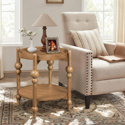 23" Round End Table, Mid Century Modern Side Table with Solid Wood Frame and Top, Small Night Stand for Living Room Office Apartment, Wood