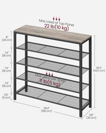 VASAGLE INDESTIC Shoe Rack, Organizer for Closet with 4 Mesh Shelves and Large Top for Bags
