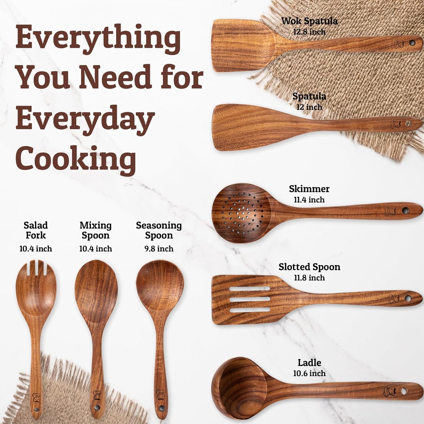 PriorityChef Premium Wooden Spoons for Cooking - 8pc Smooth Finish Teak Utensil Set with Hanging Hooks, Heat-Resistant & Nonstick Safe, Ideal for Gifting