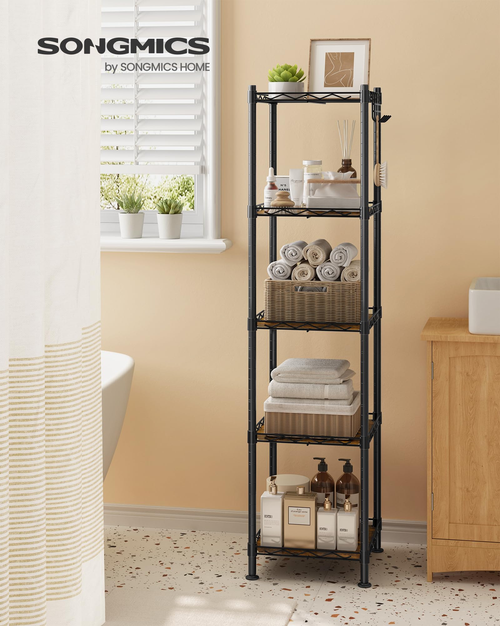SONGMICS Storage Shelf, Bathroom Storage Rack, 5 Tier, Ink Black
