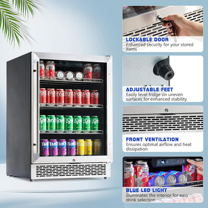 Albott Beverage Refrigerator-24 In fridge with Glass Door, Adjustable Shelves and LED Touch Panel, Under Counter Design for Wine Beer, Built-In or Freestanding Use, 34-64℉