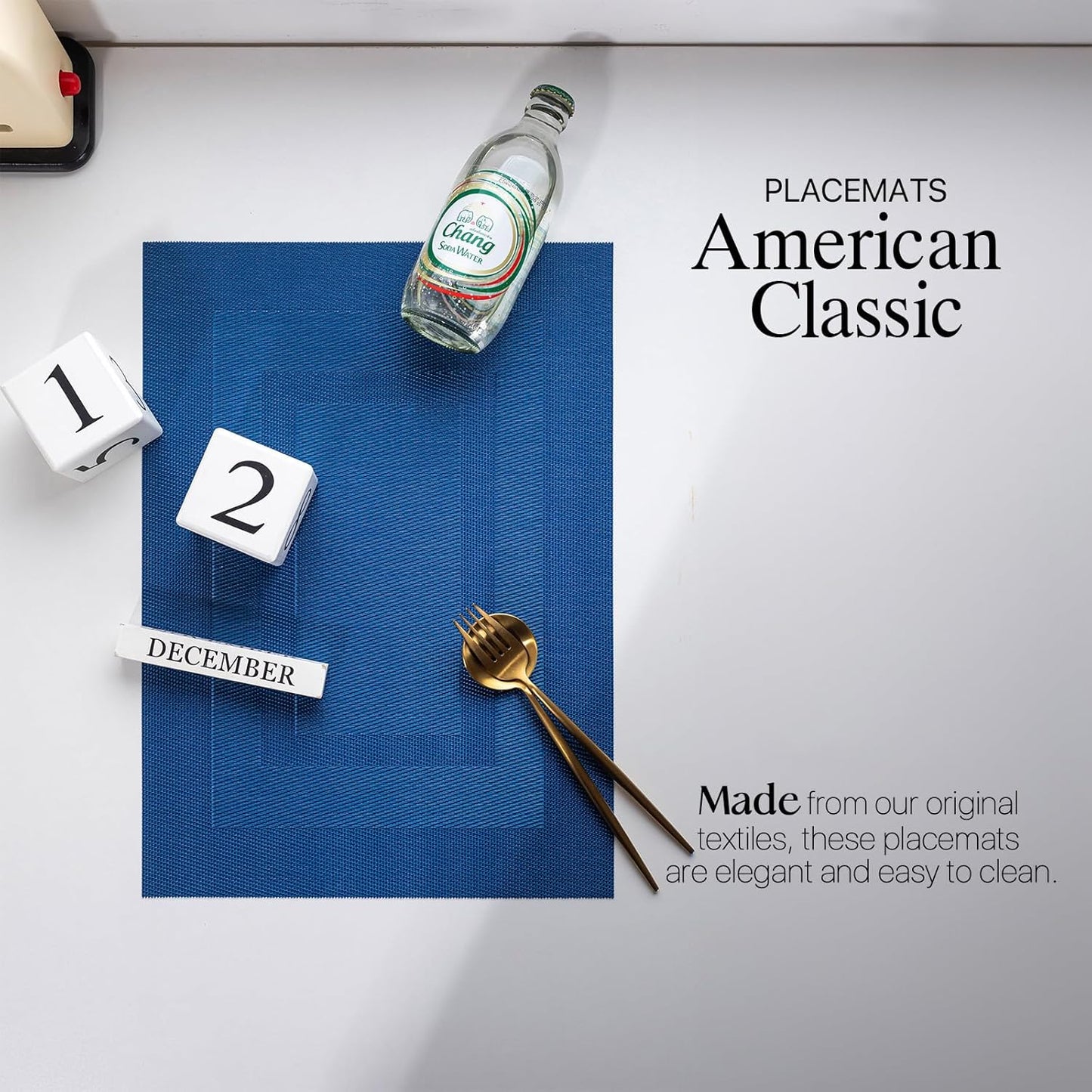 LEXMORE Placemats Set of 8 Vinyl/Plastic Woven Place Mats for Kitchen Table Indoor/Outdoor Washable Placemat Wipeable Dining Table Mats(G-Navy Cube)