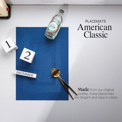 LEXMORE Placemats Set of 12 Vinyl/Plastic Woven Place Mats for Kitchen Table Indoor/Outdoor Washable Placemat Wipeable Dining Table Mats(G-Navy Cube)