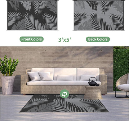 GENIMO Outdoor Rug 3' x 5' Waterproof for Patios Clearance, Reversible Outdoor Plastic Straw Camping Rug Carpet, Large Area Rugs Mats for RV, Camper, Deck, Balcony, Porch, Beach, Picnic, Black&Grey