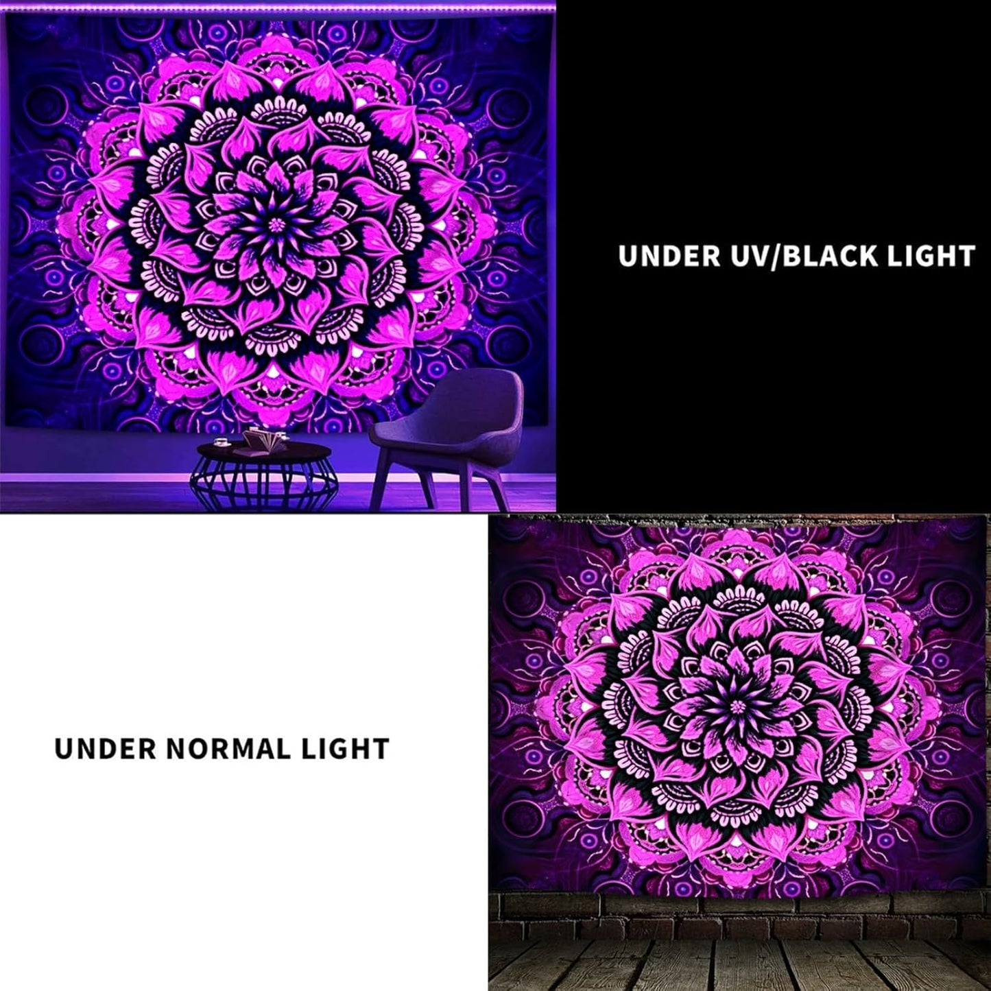 Psyhilar Blacklight Mandala Tapestry Wall Hanging, Psychedelic Flower Black Light Posters for Adults and Teens, UV Reactive Aesthetic Bohemian Art for Bedroom (80 x 60 Inches)