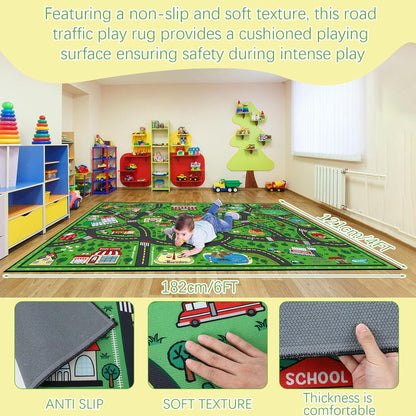 Kids Carpet Playmat Rug 4 x 6 ft Player Car Rug, City Life Traffic Road Map Mat Educational Game Area Mat for Toddler Children Playroom Classroom Bedroom(Green)