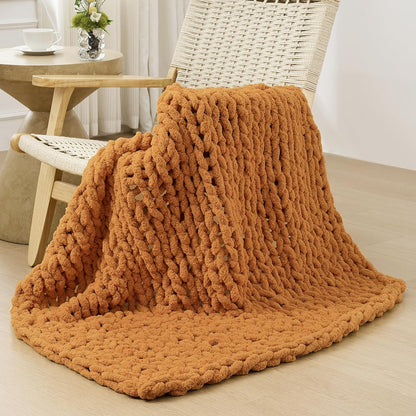 Bigacogo Chunky Knit Throw Blanket for Couch, 40x40 inches, 100% Hand Knitted with Thick Jumbo Chenille Yarn, Cozy Soft Large Rope Knot Cable Crochet Blankets for Sofa Bed Living Room, Burnt Orange