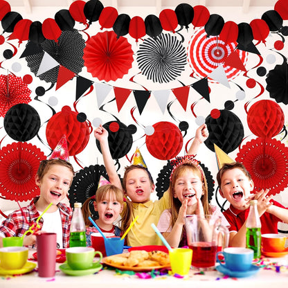 Black Red Party Decorations, Easy Assembly Paper Fan Honeycomb Ball Garland Hanging Swirl Graduation Party Supplies for Boy Girl Women Birthday Congrats Grad Party Decorations
