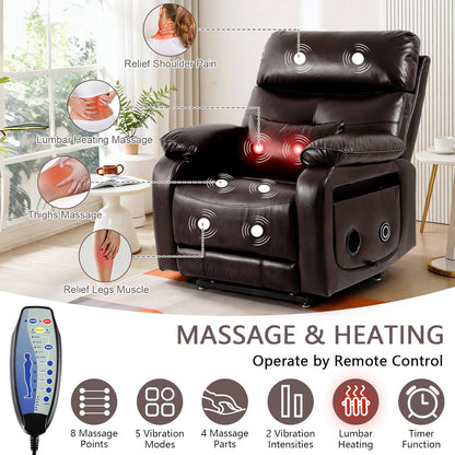 Dual Motor Power Lift Recliner Chair for Adult & Elderly, Infinite Position Lay Flat Lift Chair with Heat & Massage, Cup Holder, Lumbar Pillow, Wireless Charger, USB Ports, Leather (Brown)