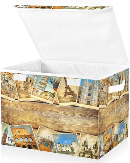 susiyo Vintage Parisian Attractions fabric storage baskets with lids,Collapsible Storage Boxes,Foldable storage boxes with handles for Home,Office,Closet Organization