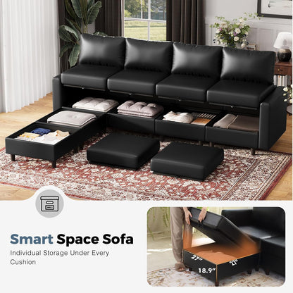 118.5" Faux Leather Modular Sectional Sofa, L Shaped Couch Set for Living Room, 5-Seater Comfy Cloud Couches with Movable Storage Ottoman,DIY Combination - Black