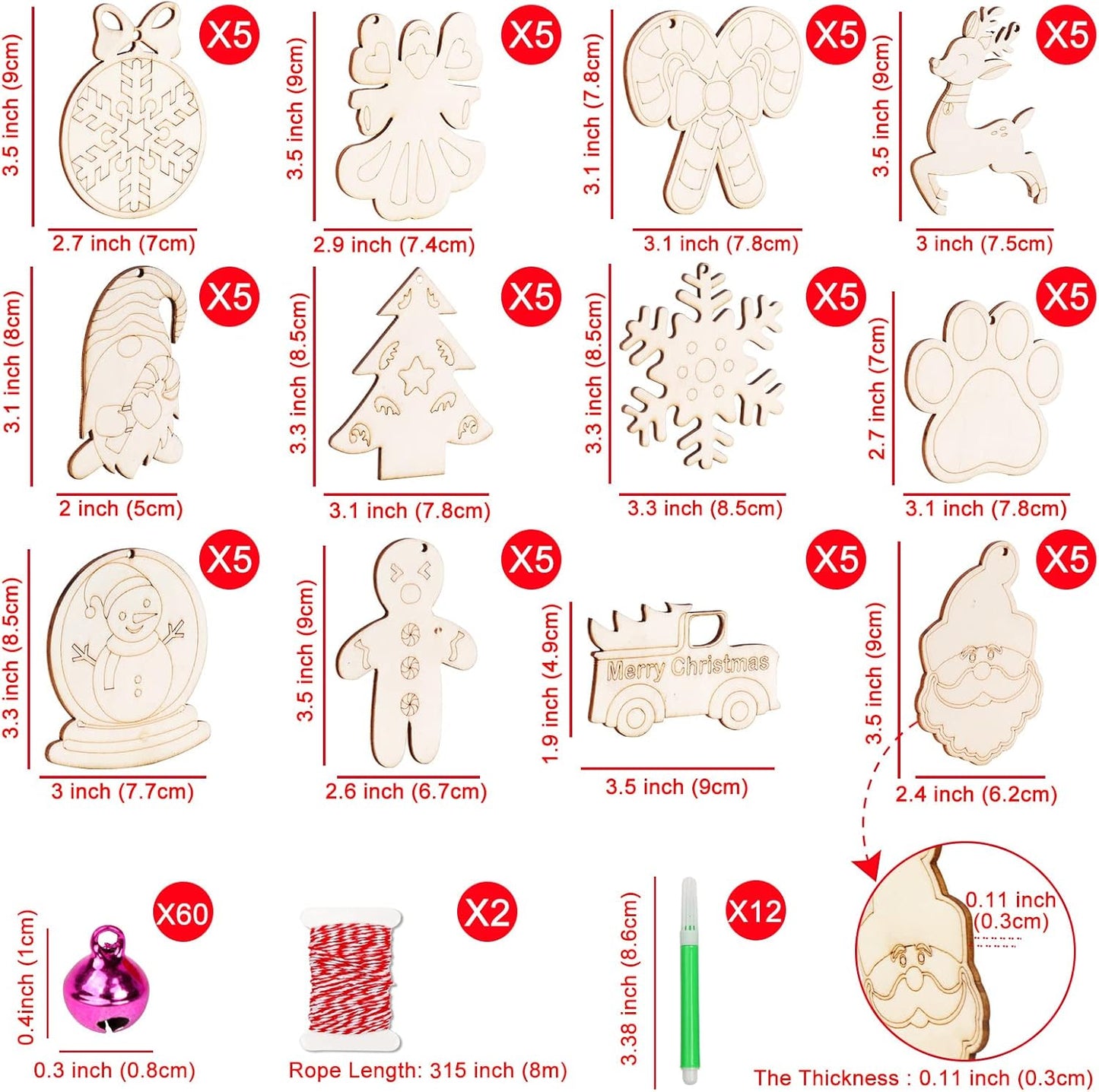 GUDELAK 60PCS DIY Wooden Christmas Ornaments, 12 Styles Christmas Crafts for Kids Adults with Ropes, 60 Bells and 12 Colored Pens, Unfinished Wood Ornaments Making Kit for Christmas Tree Decorations