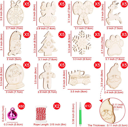 GUDELAK 60PCS DIY Wooden Christmas Ornaments, 12 Styles Christmas Crafts for Kids Adults with Ropes, 60 Bells and 12 Colored Pens, Unfinished Wood Ornaments Making Kit for Christmas Tree Decorations