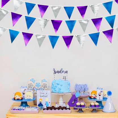 Frozen Party Decoration Purple Blue Silver Metallic Fabric Triangle Pennant Banner Flag Bunting Garland for Frozen Winter Wonderland Christmas Birthday Wedding Baby Shower Bridal Shower Party Supplies