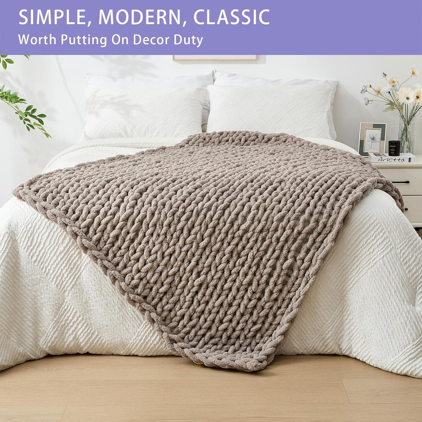 Bigacogo Chunky Knit Throw Blanket for Couch, 40x60 inches, 100% Hand Knitted with Thick Jumbo Chenille Yarn, Cozy Soft Large Rope Knot Cable Crochet Blankets for Sofa Bed Living Room, Taupe