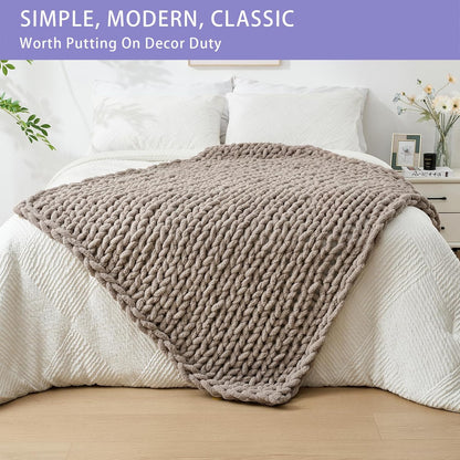 Bigacogo Chunky Knit Throw Blanket for Couch, 40x60 inches, 100% Hand Knitted with Thick Jumbo Chenille Yarn, Cozy Soft Large Rope Knot Cable Crochet Blankets for Sofa Bed Living Room, Taupe