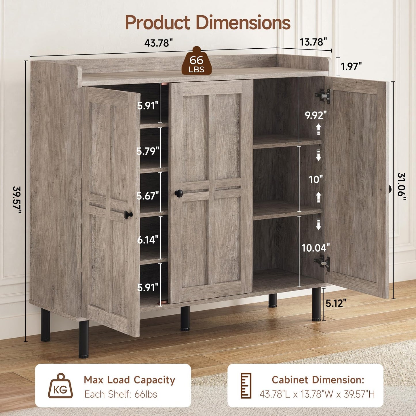 ComfyCorner Shoe Cabinet with 3 Doors, Shoe Rack for Entryway, Washed Gray