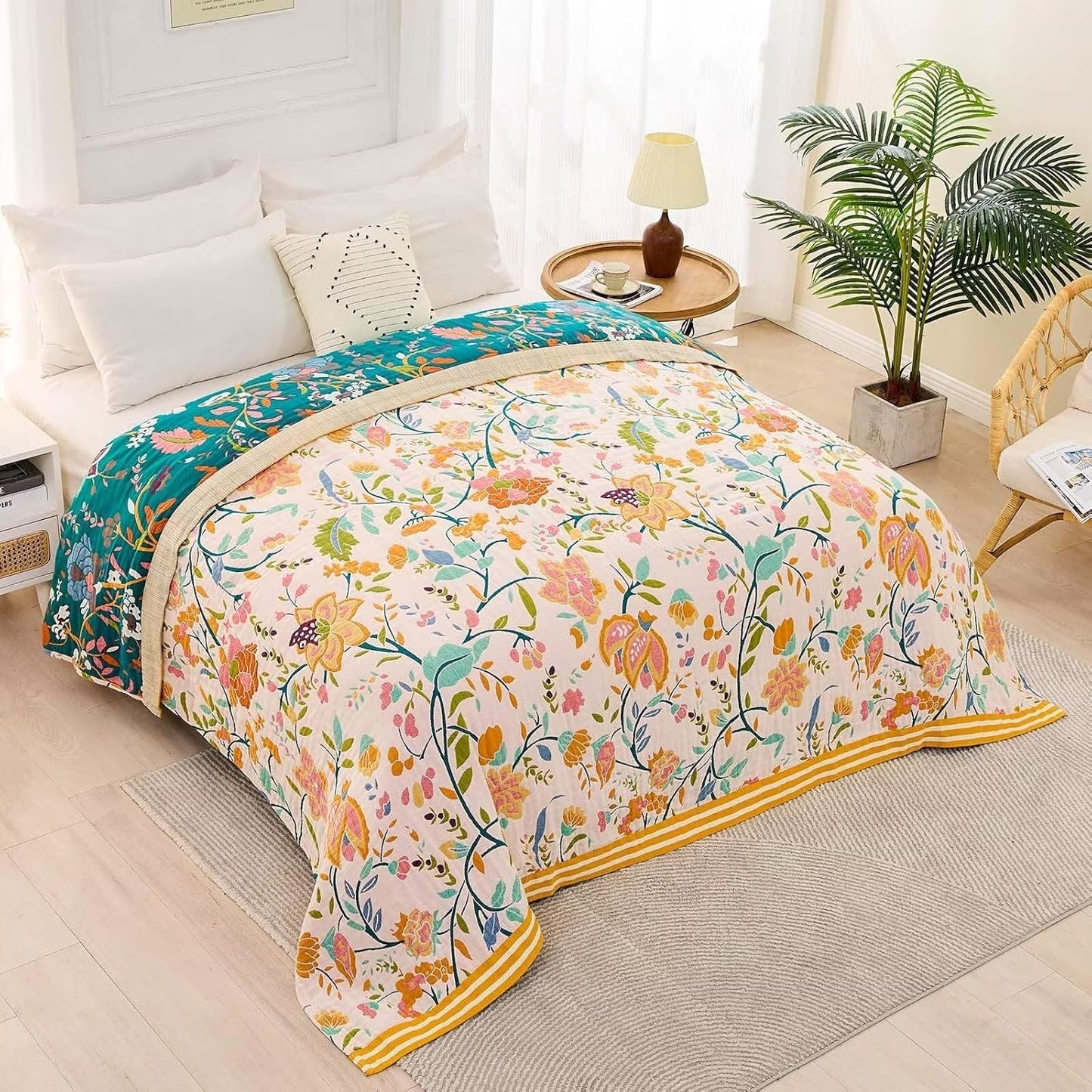 Boho Throw Blanket for Bed, 100% Cotton Soft Rustic Quilt Fall Blanket, 90"x98" Floral Printed Farmhouse Decor Bed Blankets, All Season Rustic Reversible Bohemian Throw Quilt