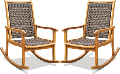Idzo Wood Wicker Rocking Chair, 400 lbs Capacity, Durable Eucalyptus Wood, Natural Finish, Comfortable Curvy Design, Ideal for Deck, Patio Furniture, Teak Outdoor Furniture, Set of 2